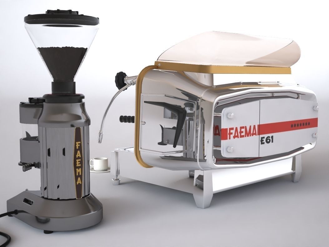 Faema e61 espresso machine and  FP Grinder with a coffee cup 3D model_1