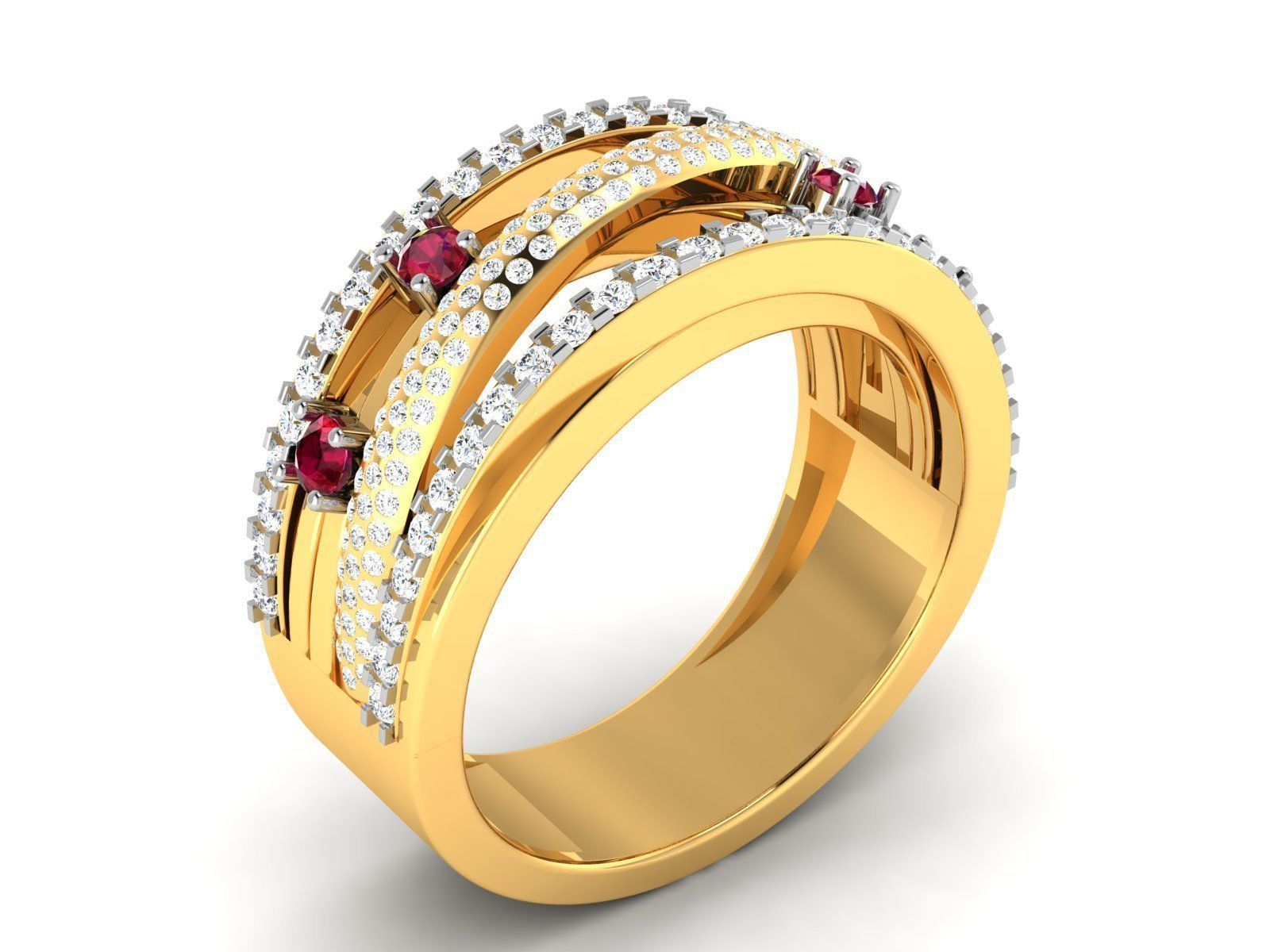 Ring-3071 gold ring with ruby stones and diamonds 3D print model_1