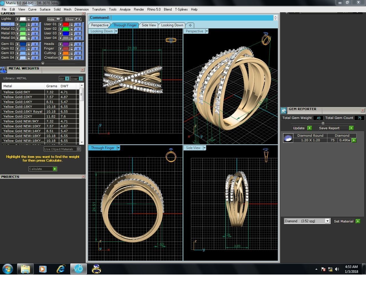 Ring-3070 gold diamond ring with three rows of diamonds 3D print model_9