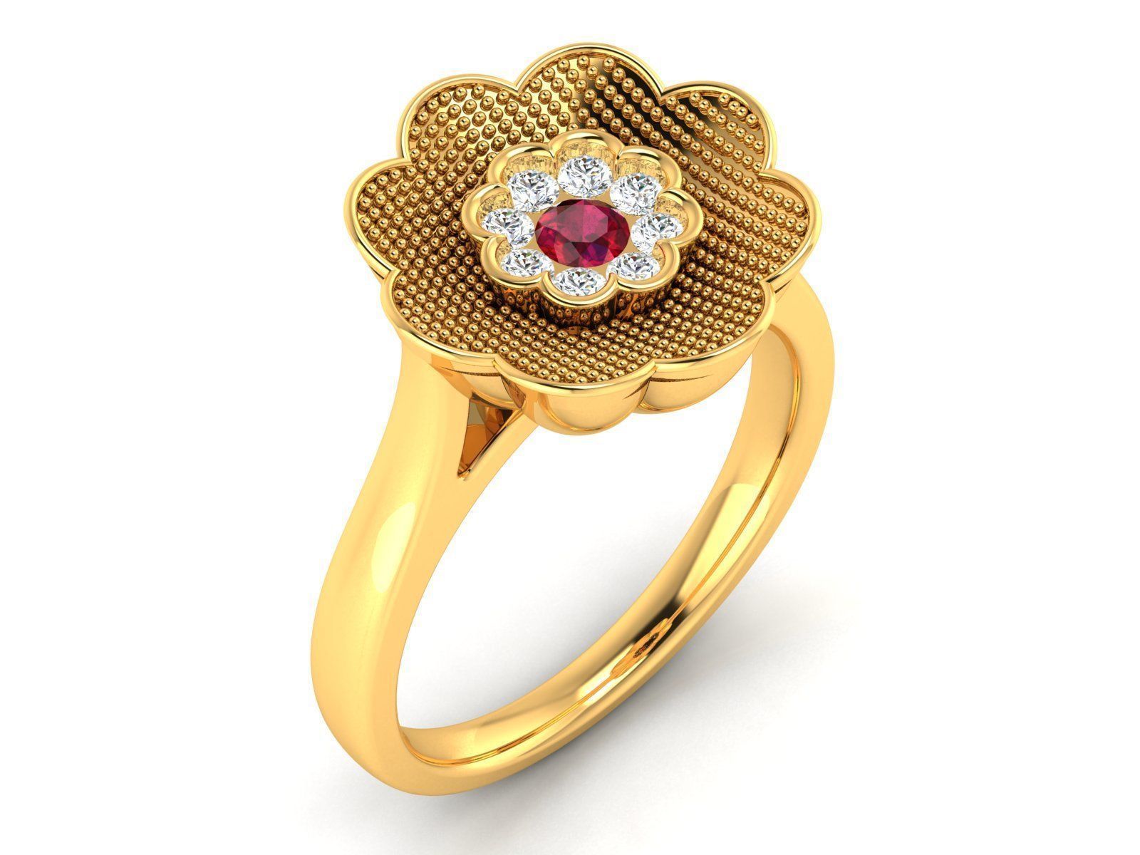 Ring-2919 gold flower ring with ruby stone 3D print model_1