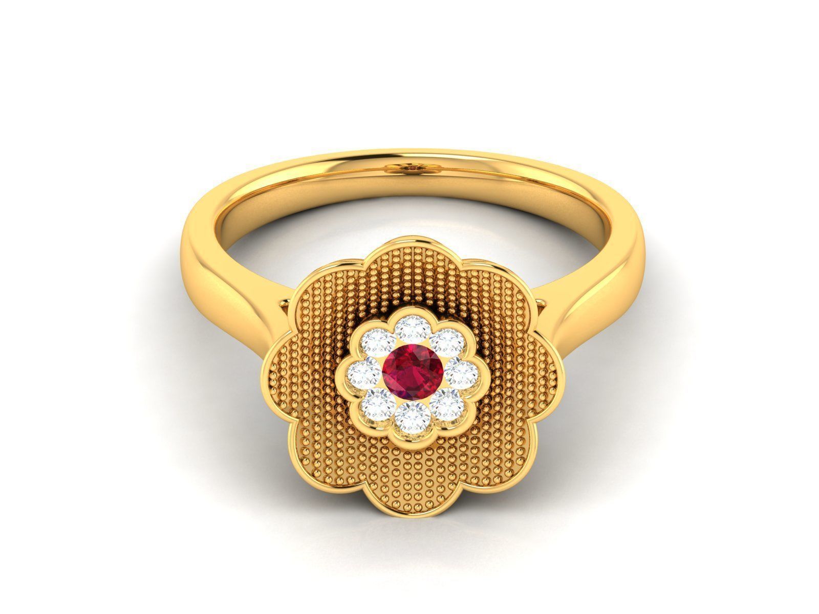 Ring-2919 gold flower ring with ruby stone 3D print model_7
