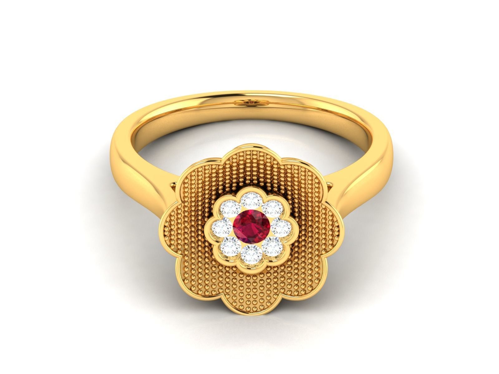 Ring-2919 gold flower ring with ruby stone 3D print model_6