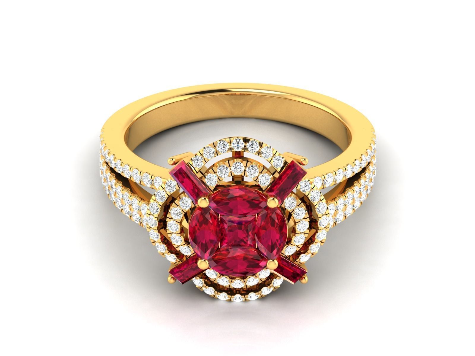 Ring-2909 gold ring with ruby stone and diamonds 3D print model_6