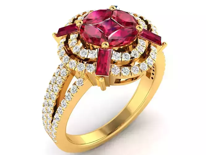 Ring-2909 gold ring with ruby stone and diamonds 3D print model