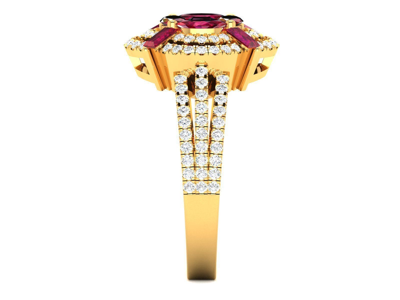 Ring-2909 gold ring with ruby stone and diamonds 3D print model_5