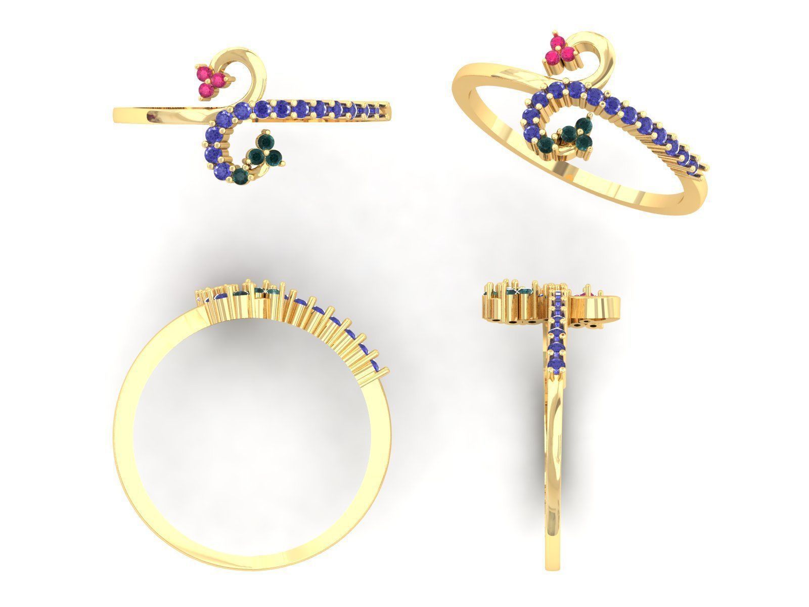 Ring-0865 gold ring with diamonds and rubies 3D print model_9