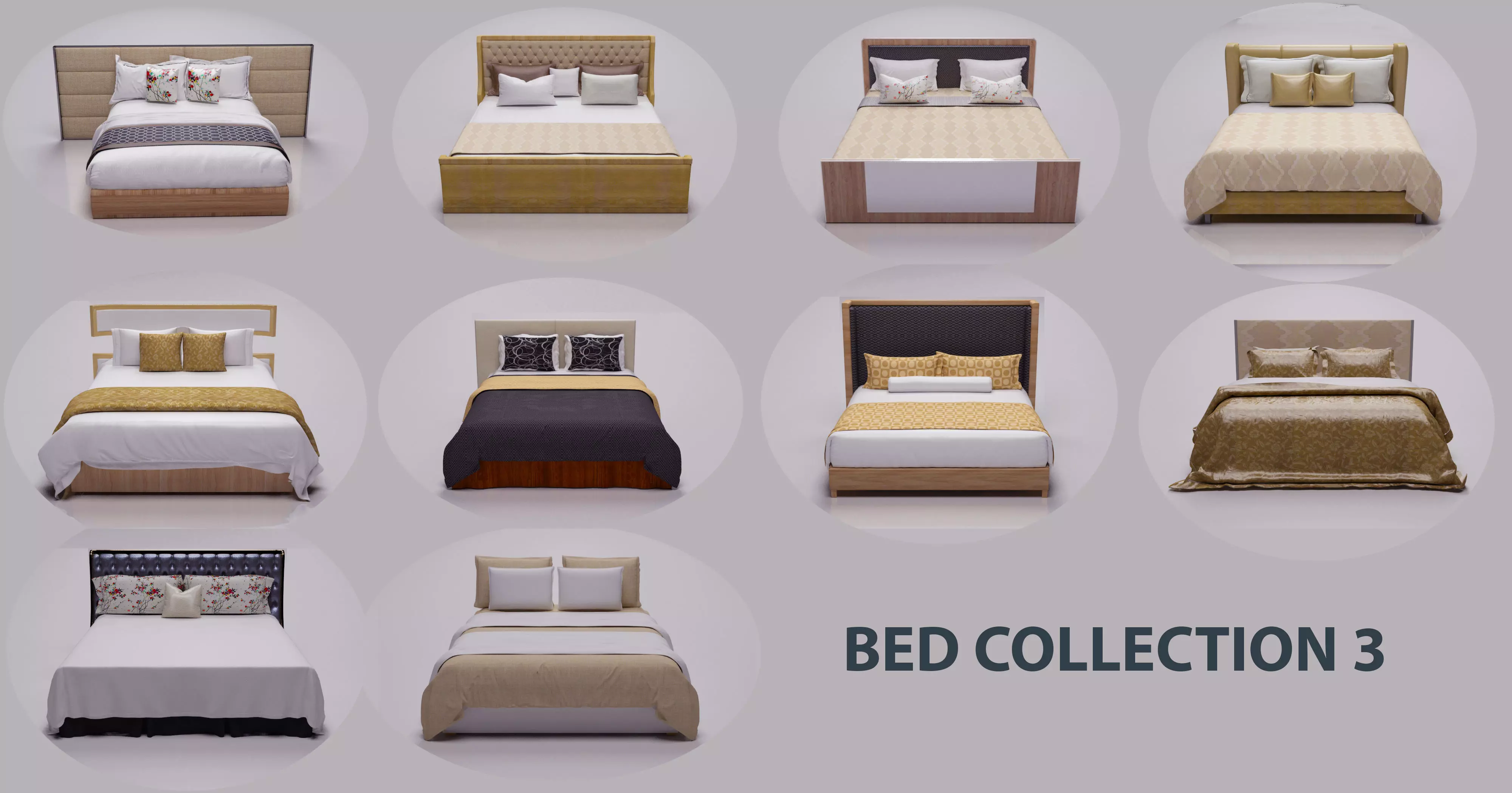 BED COLLECTION 3 with wooden headboard and footboard 3D model_0
