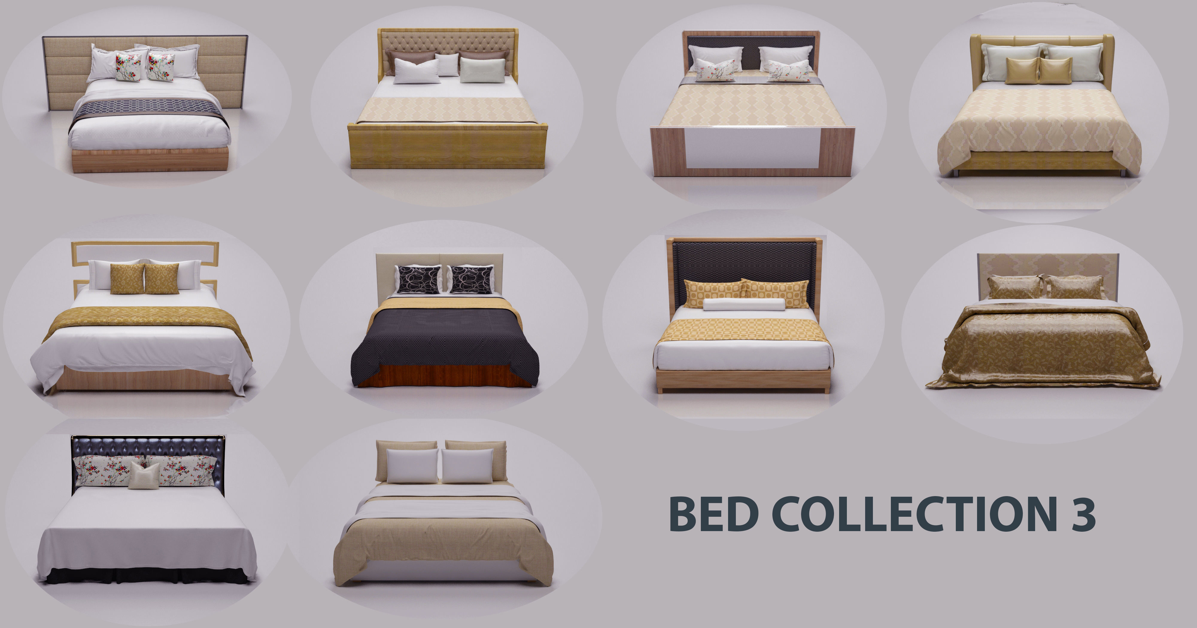 BED COLLECTION 3 with wooden headboard and footboard 3D model_1