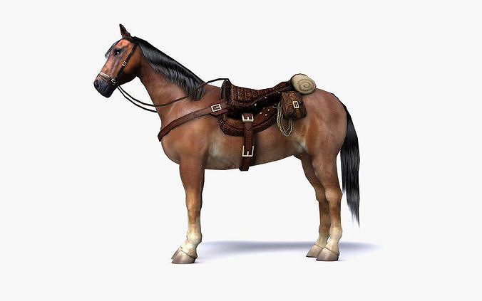 Brown horse with saddle and packs Low-poly 3D model
