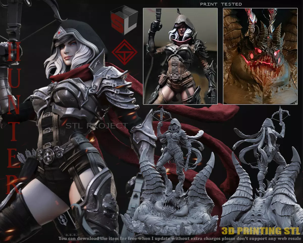 Hunter action figure of woman holding bow and arrow 3D print model