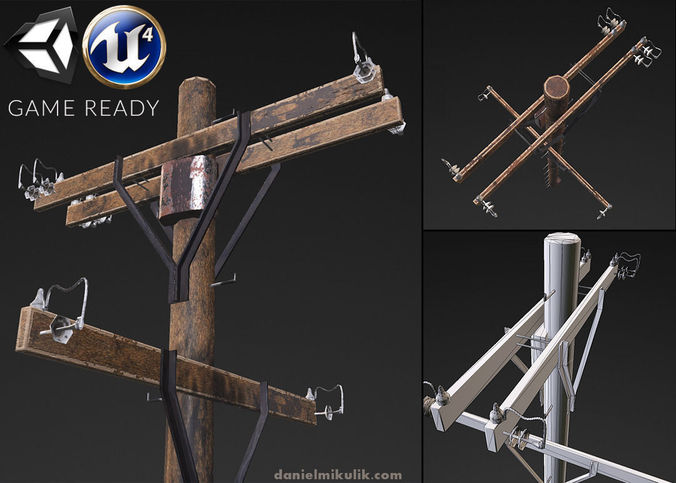 Old electricity pole Low-poly 3D model