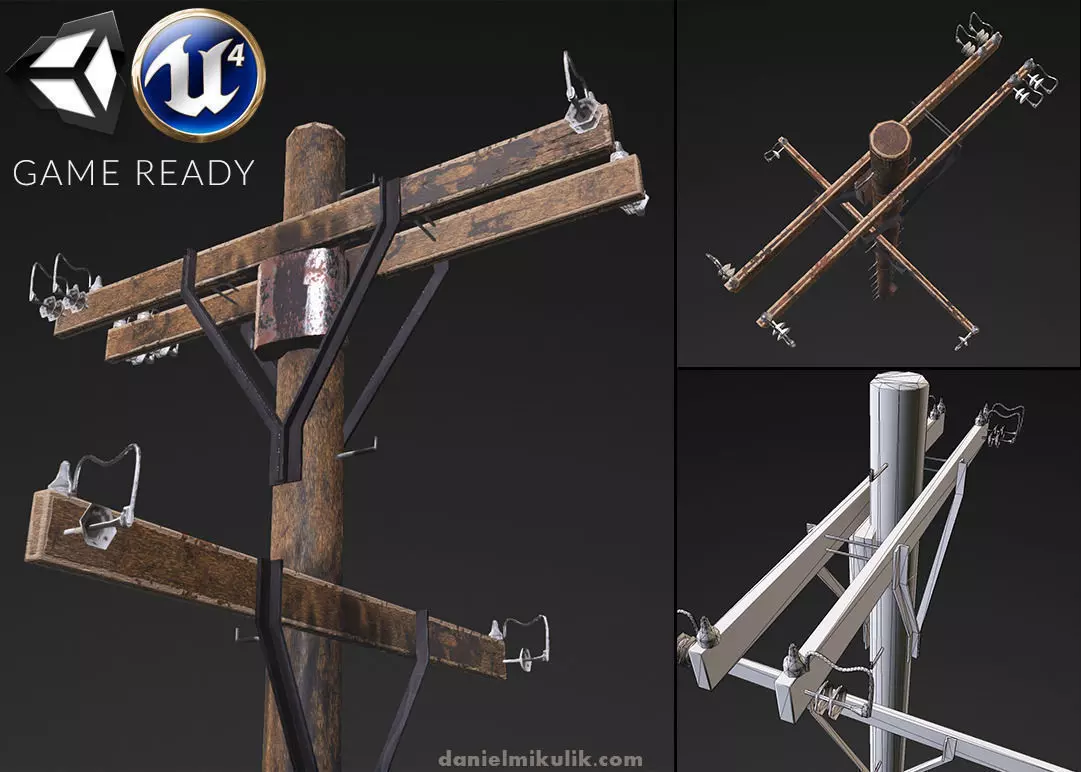 Old electricity pole Low-poly 3D model_0
