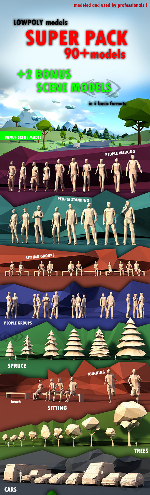 Lowpoly Super pack  People Trees Cars Low-poly 3D model_13