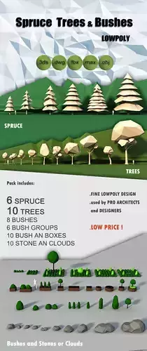 Lowpoly Trees Spruce Bushes Stones Pack