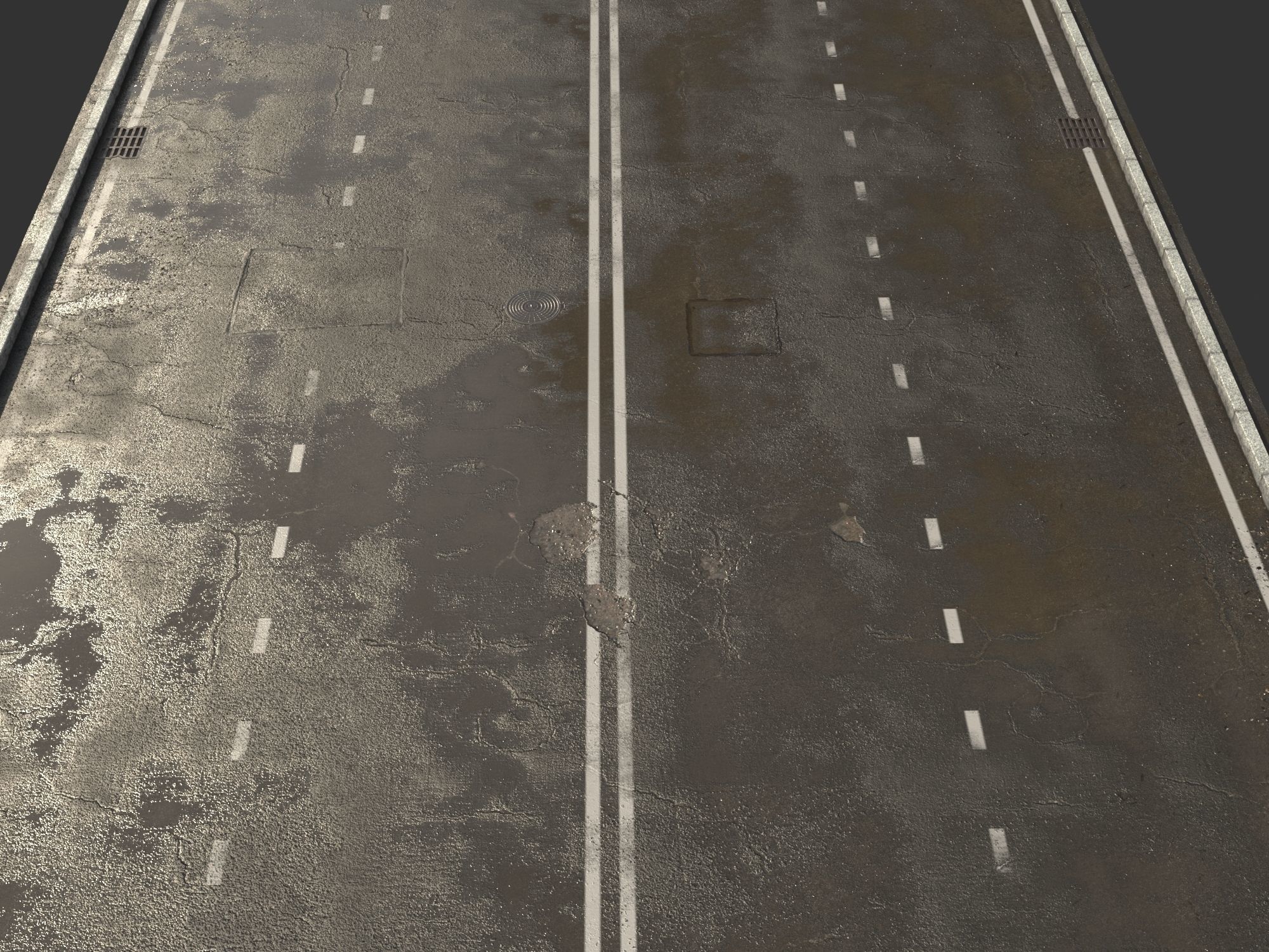 Asphalt with puddles Low-poly 3D model_1