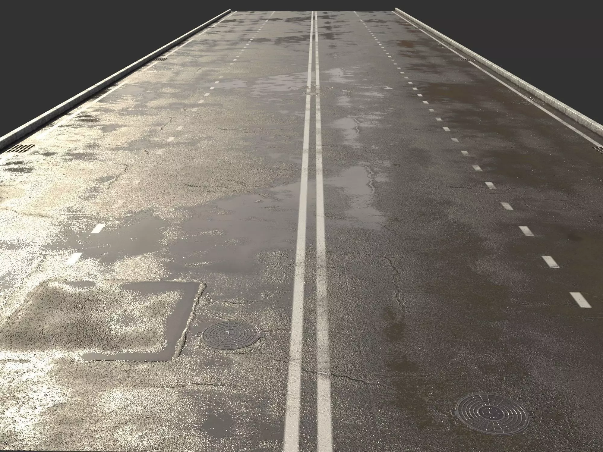 Asphalt with puddles Low-poly 3D model_0