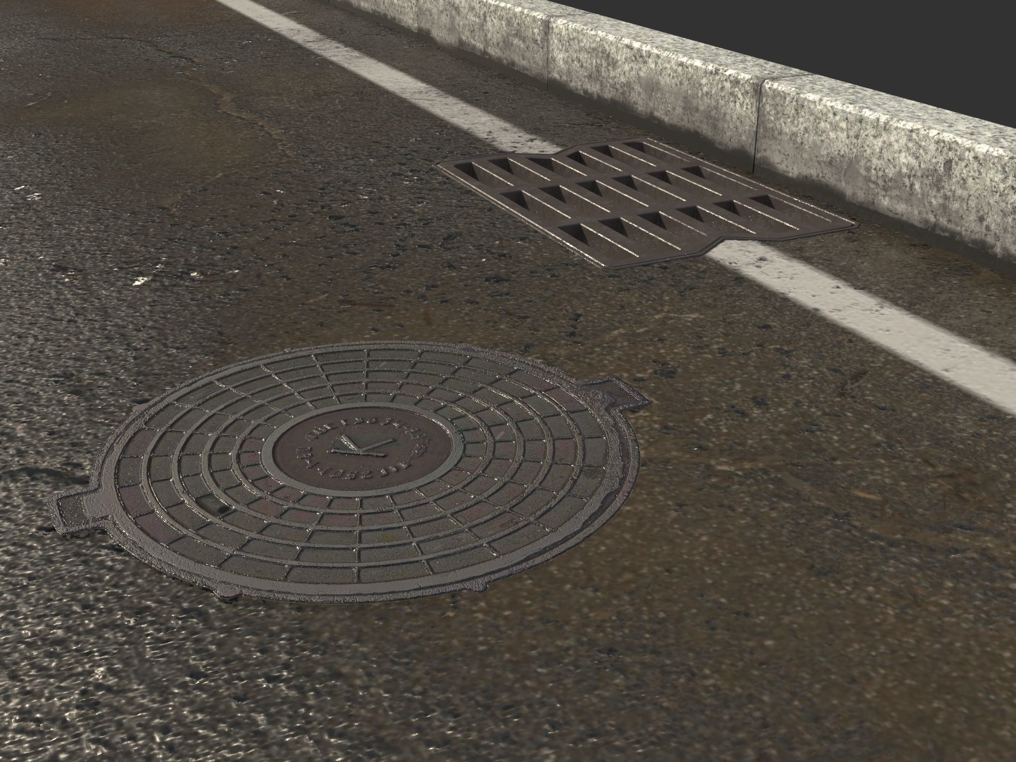 Asphalt with puddles Low-poly 3D model_3