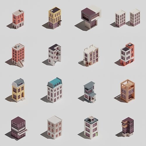 Four-sided buildings 1 Low-poly 3D model 3