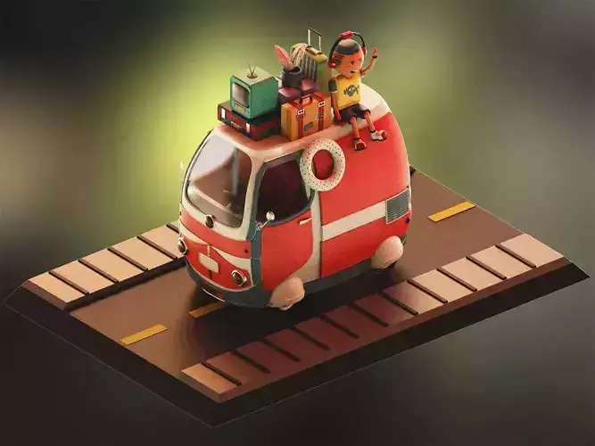 Van model toy car with toys on top