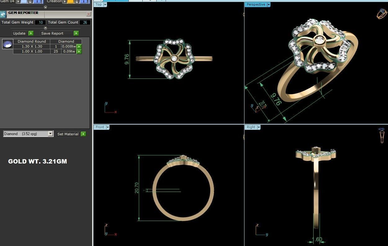 Ring-6135 gold flower ring with diamonds 3D print model_4