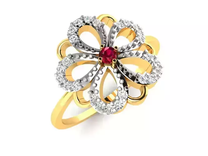Ring-6130 flower ring with diamonds and rubies 3D print model