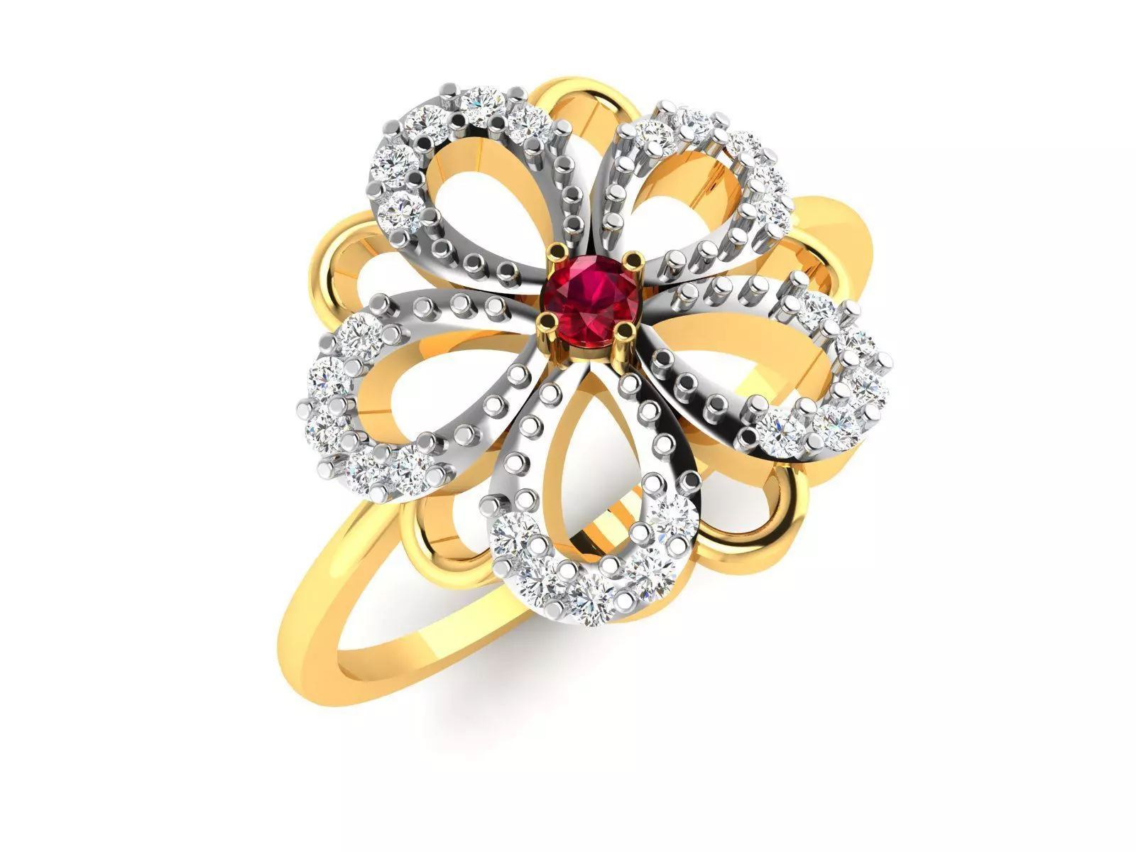 Ring-6130 flower ring with diamonds and rubies 3D print model_0