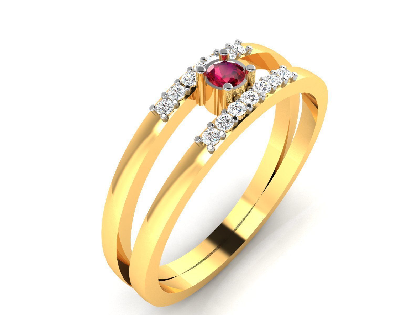 Ring-6025 gold ring with ruby stone and diamonds 3D print model_1