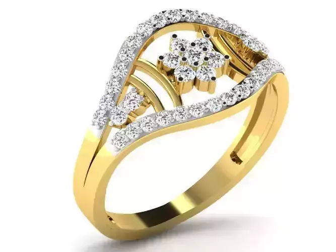 Ring-6364 gold ring with diamonds in center