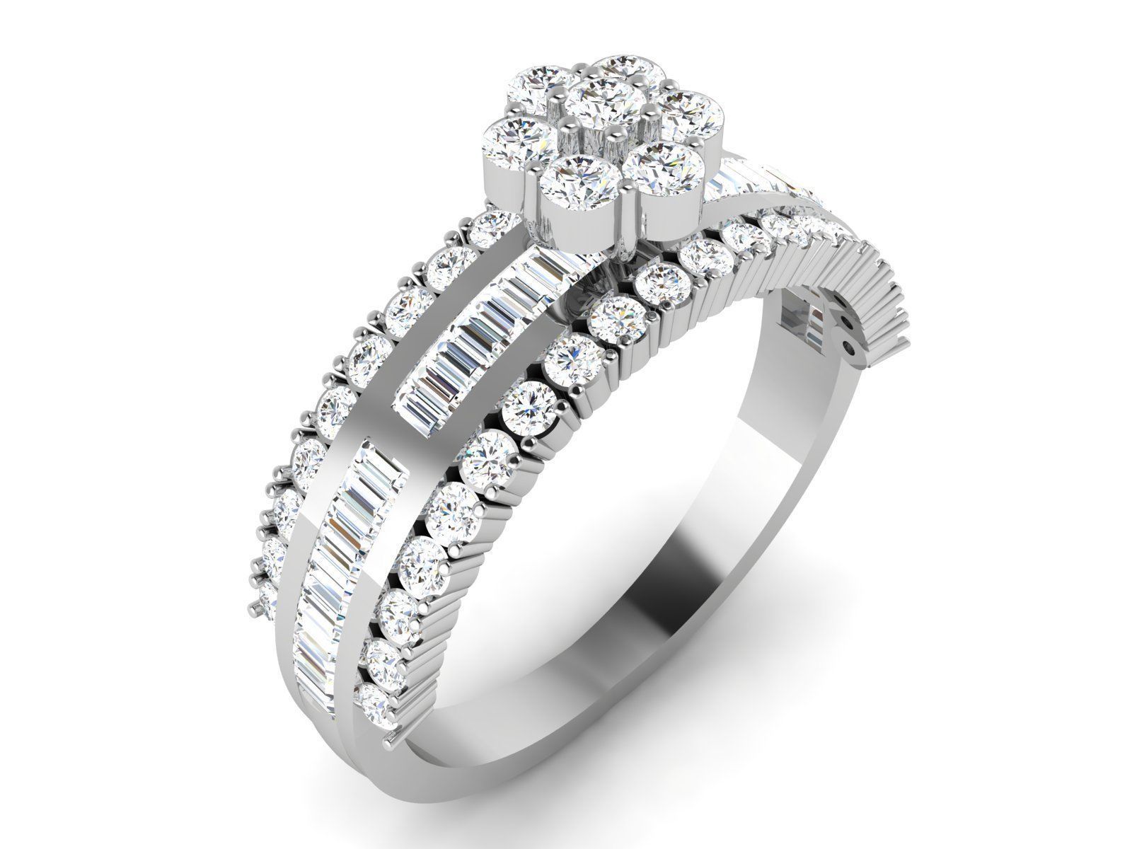 Ring-6473 diamond engagement ring with baguette cut diamonds 3D print model_1