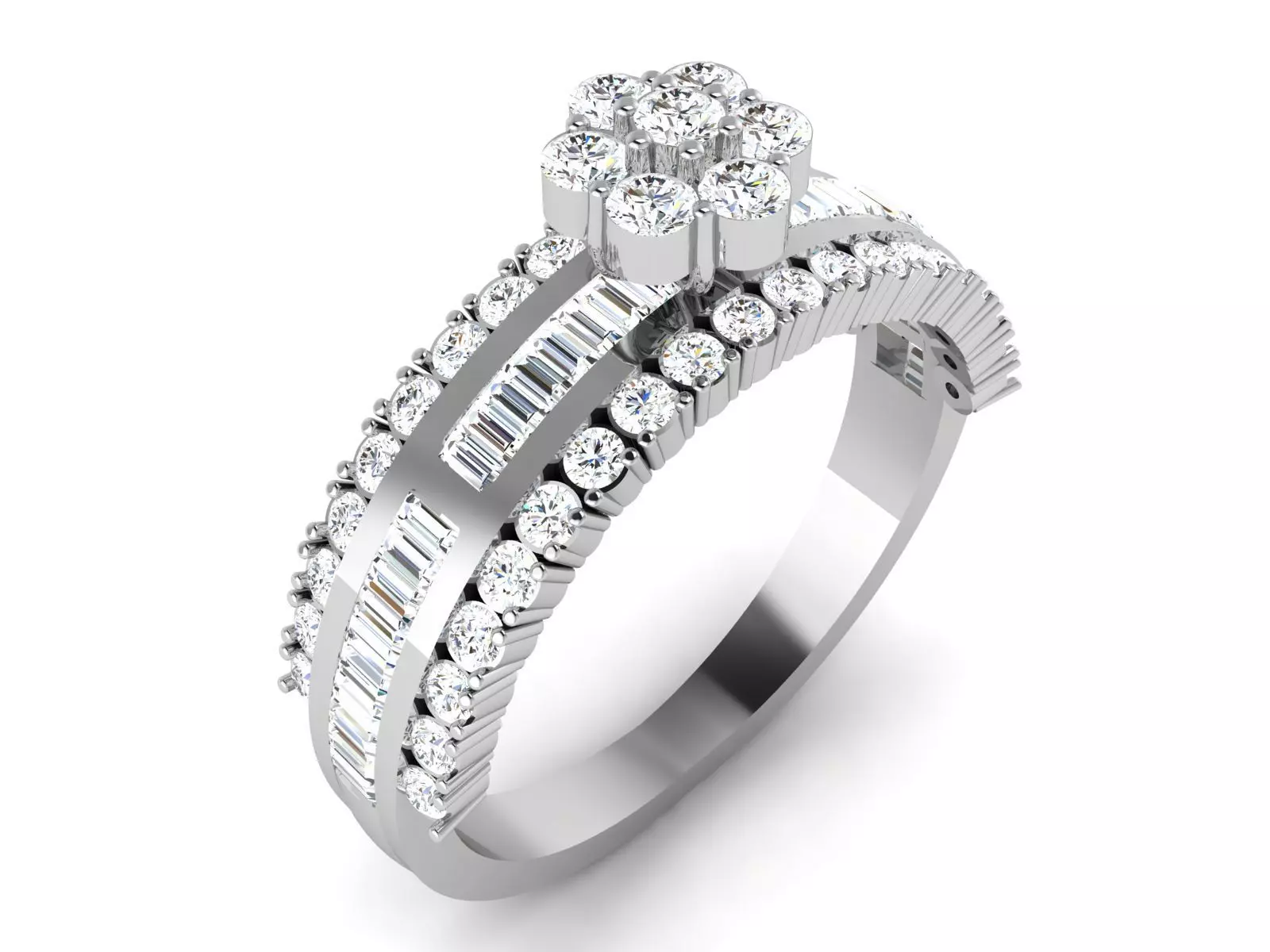 Ring-6473 diamond engagement ring with baguette cut diamonds 3D print model_0