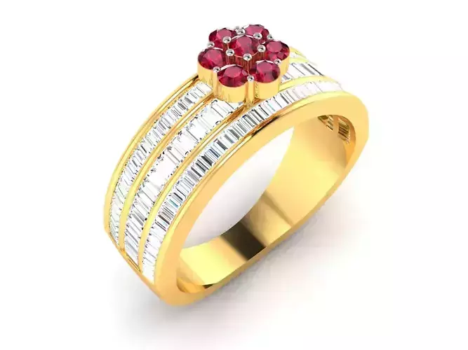 Ring-6466 gold ring with ruby stones and baguette cut diamonds