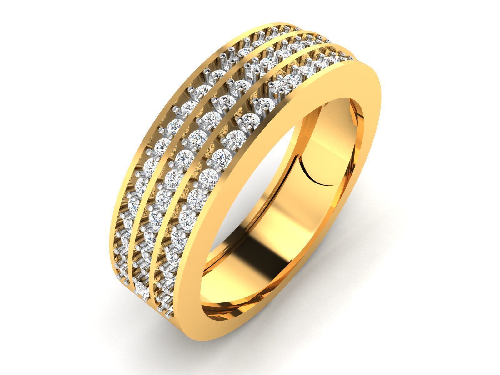 Ring-6455 gold diamond ring with three rows of diamonds 3D print model_2