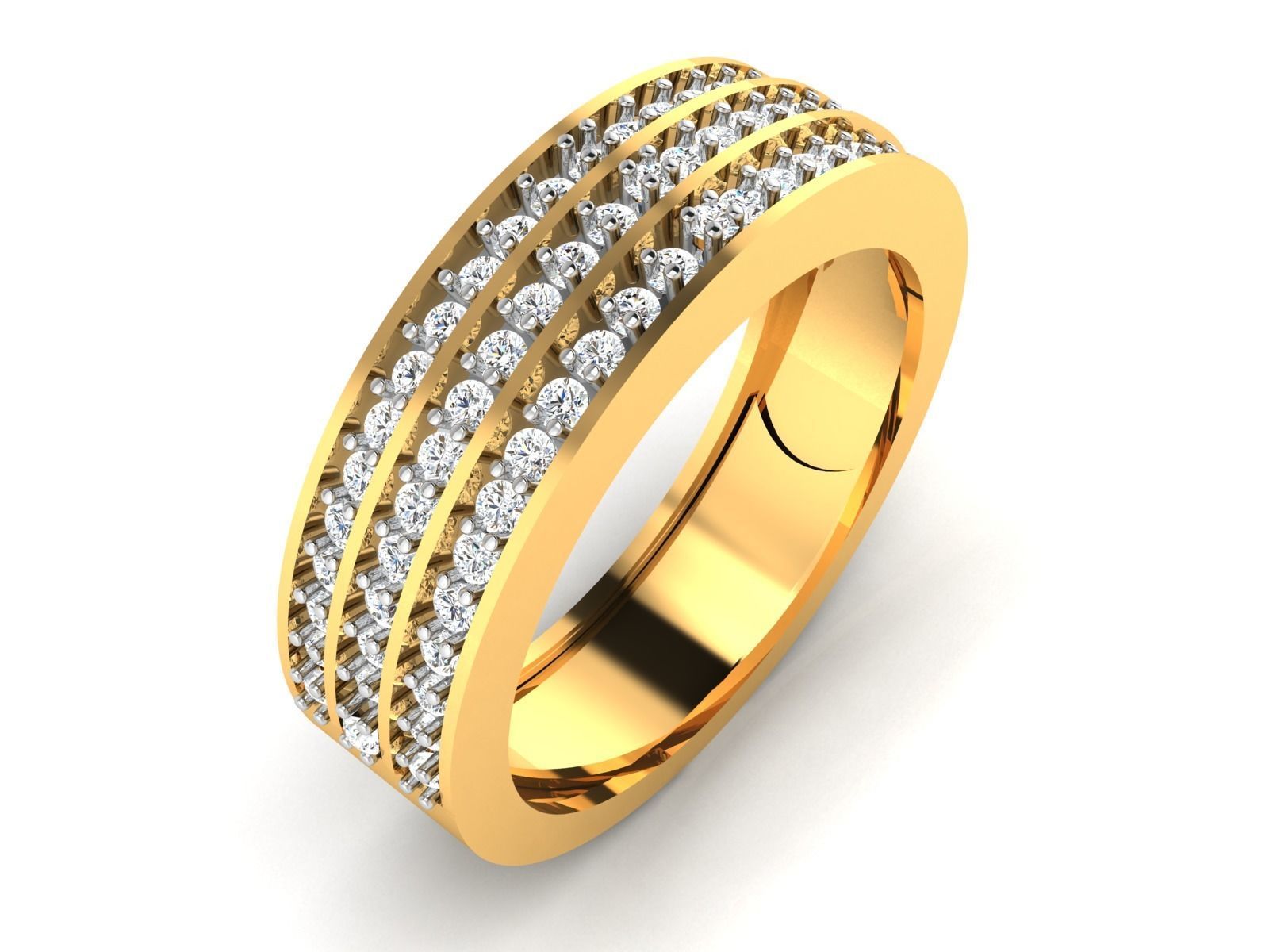 Ring-6455 gold diamond ring with three rows of diamonds 3D print model_1