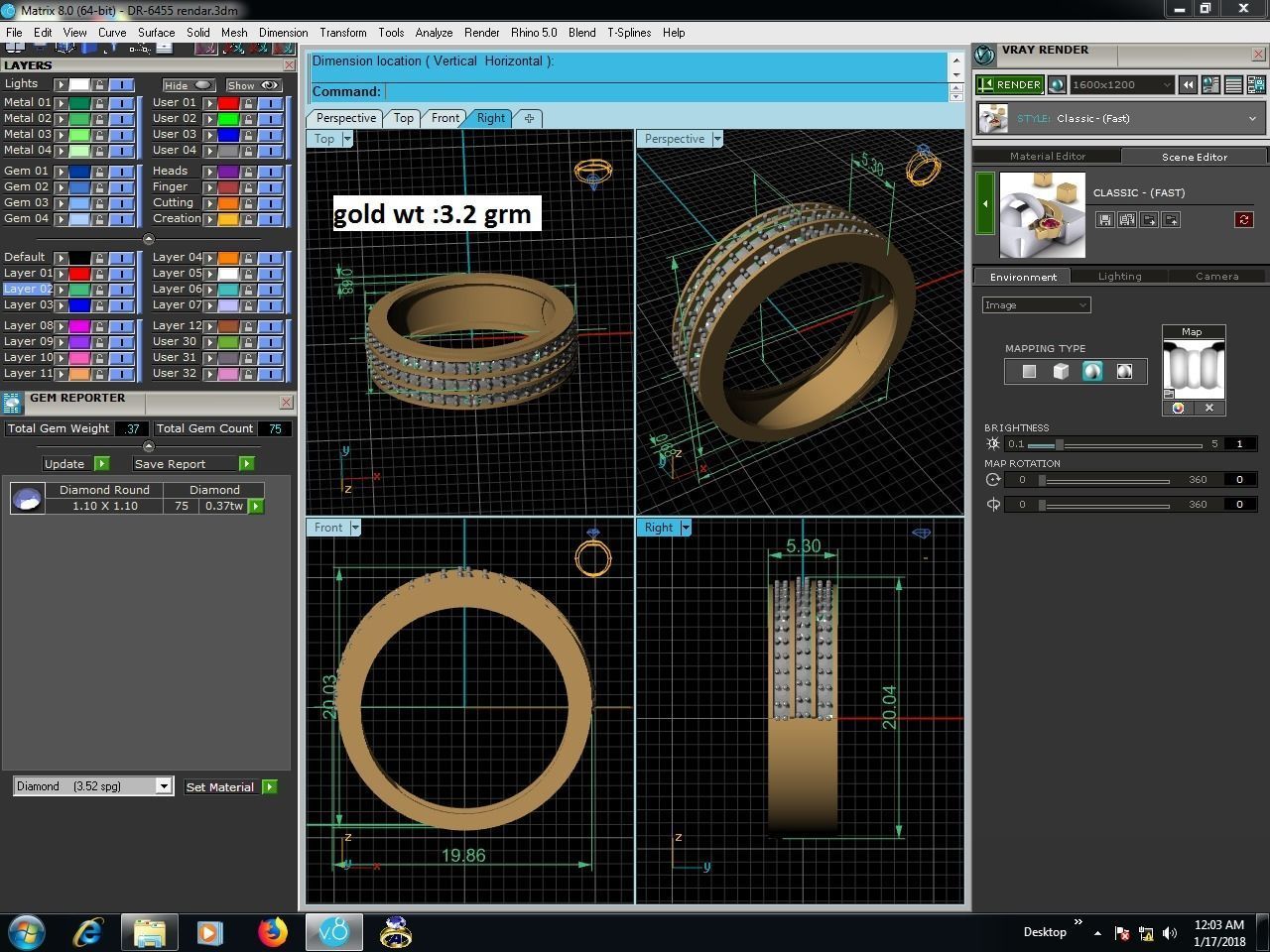 Ring-6455 gold diamond ring with three rows of diamonds 3D print model_8