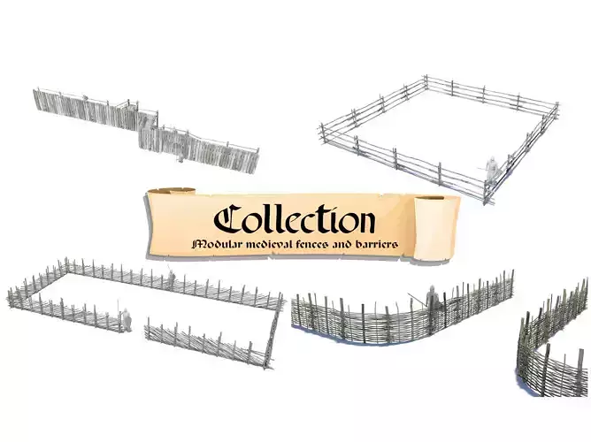 Modular medieval wooden fences and barrier pack 3D Model Collection