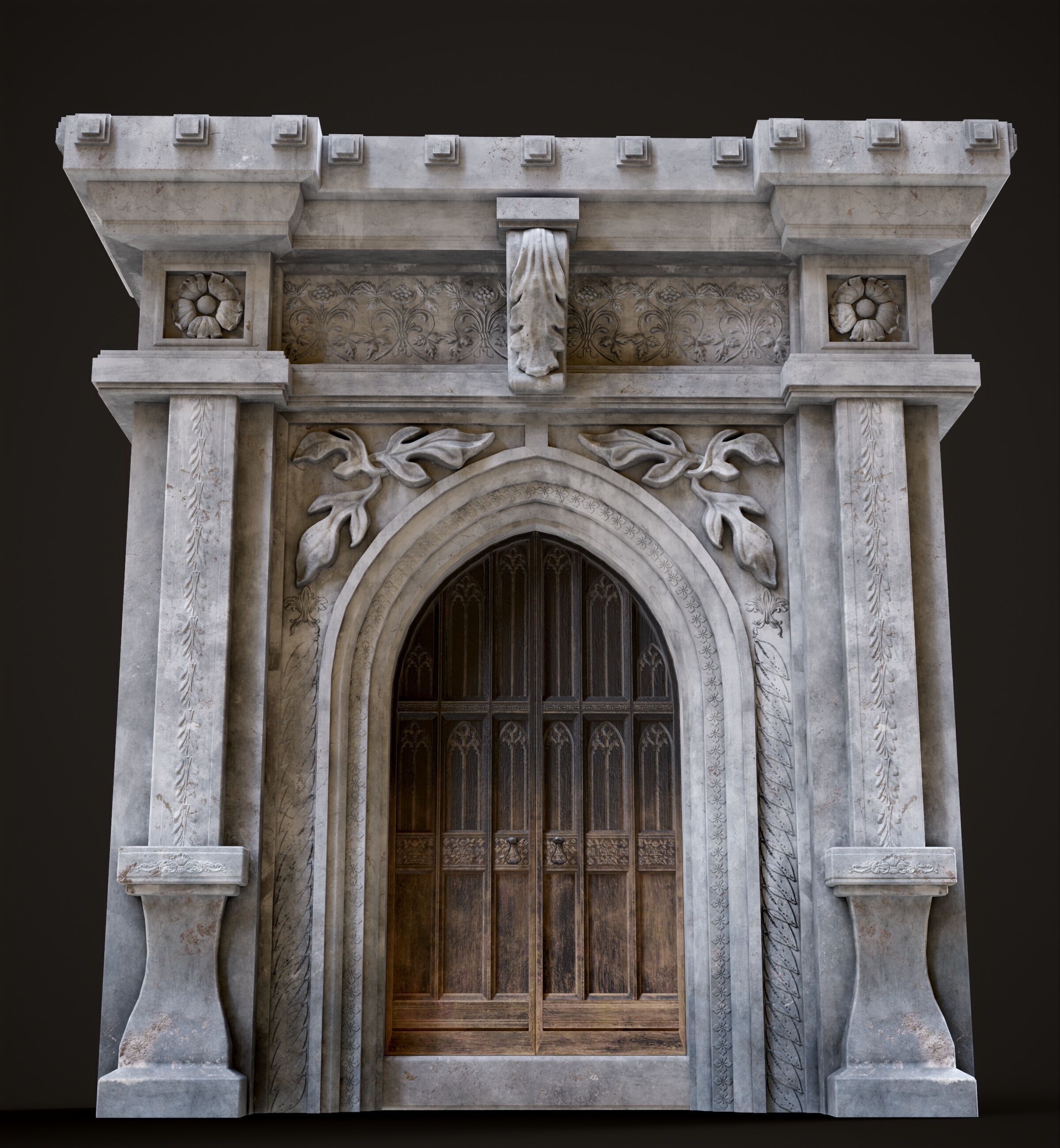 Medieval Wood Door with Stone Arch - Rigged and animated Low-poly 3D model_4
