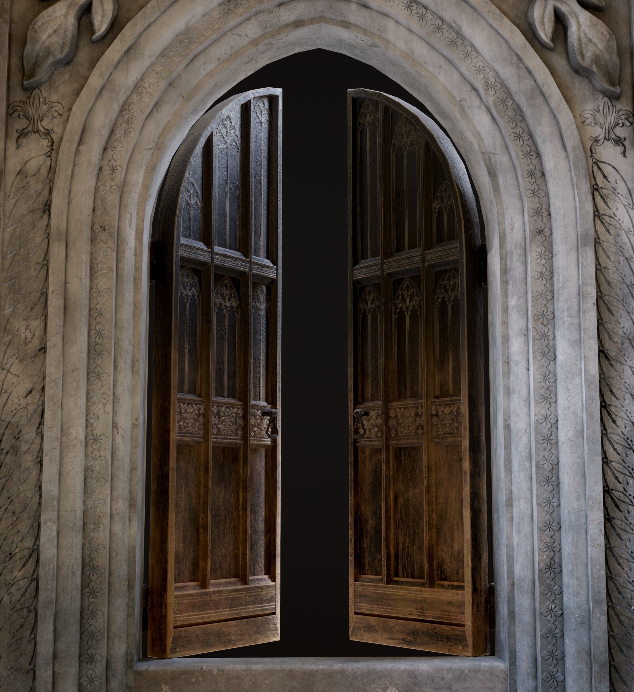 Medieval Wood Door with Stone Arch - Rigged and animated Low-poly 3D model_39