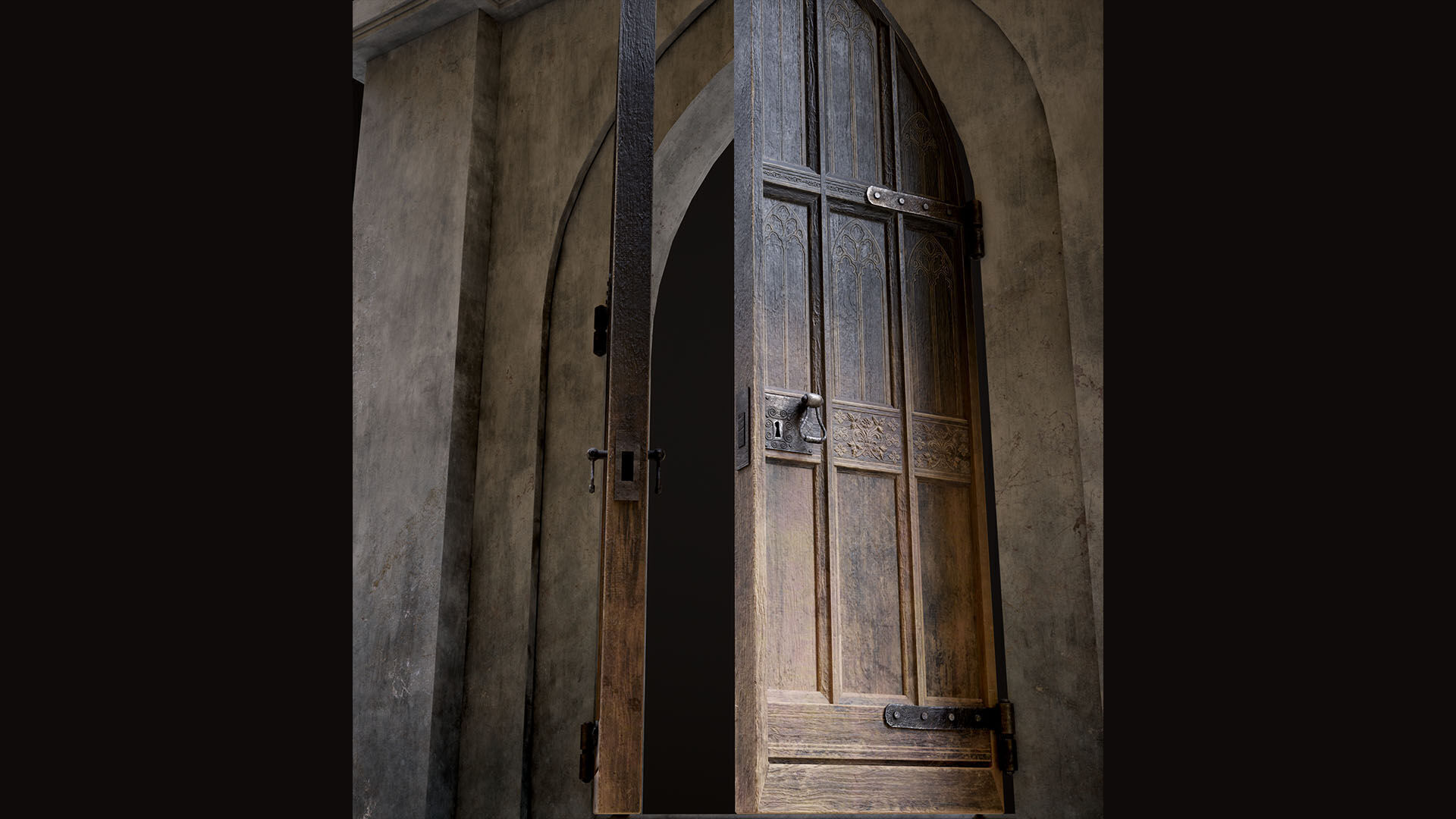 Medieval Wood Door with Stone Arch - Rigged and animated Low-poly 3D model_13