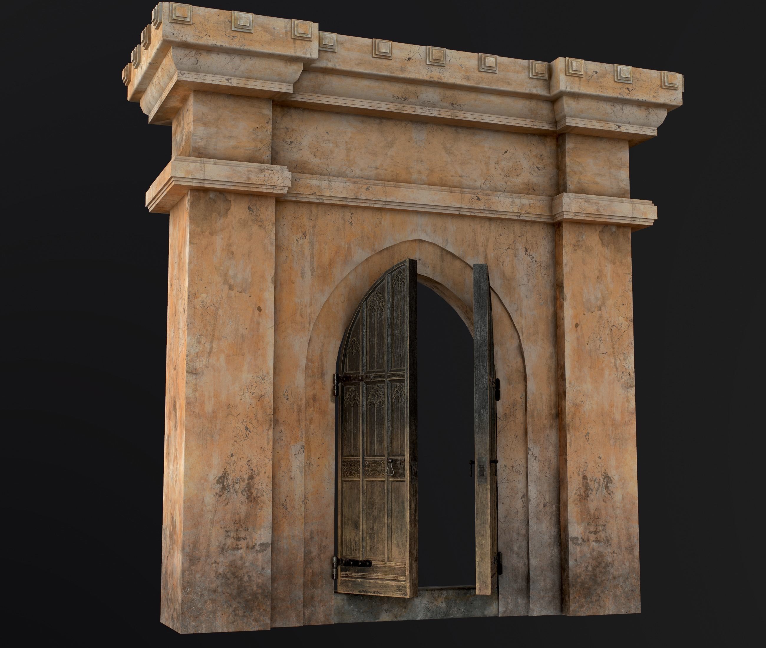 Medieval Wood Door with Stone Arch - Rigged and animated Low-poly 3D model_42