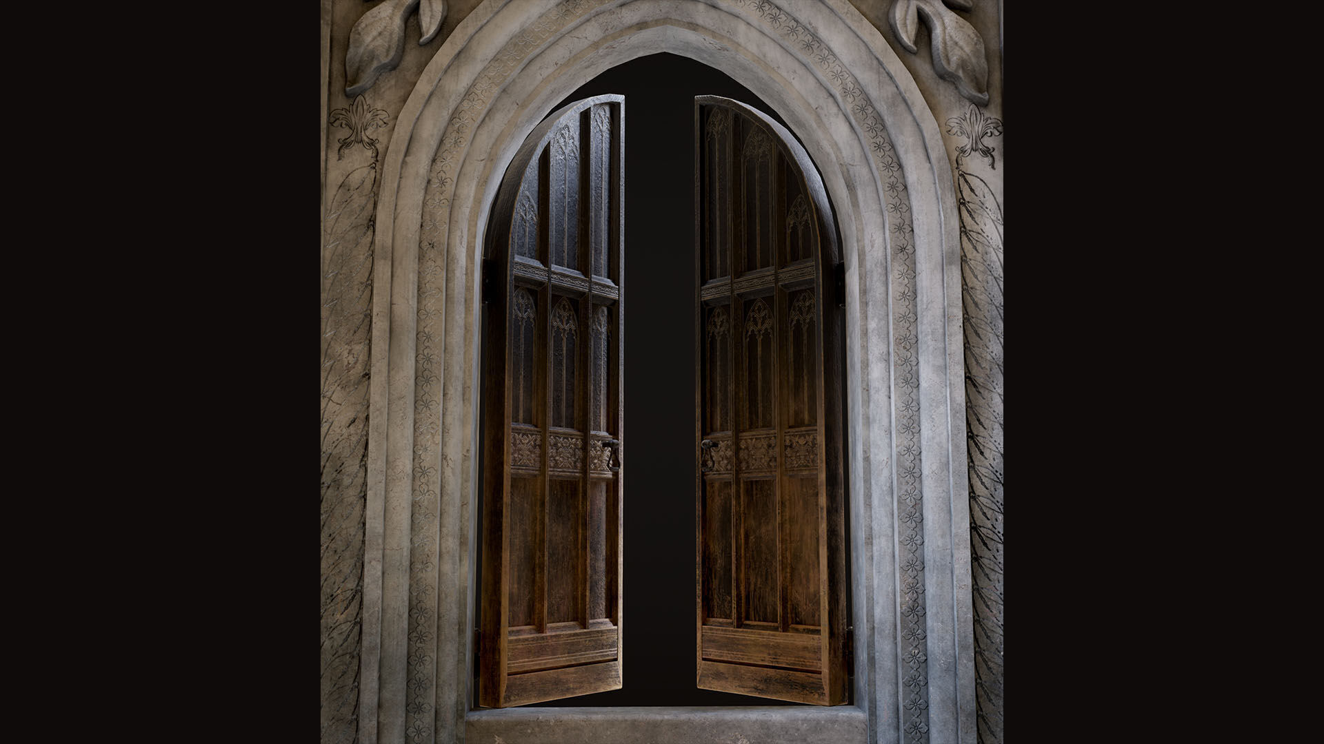 Medieval Wood Door with Stone Arch - Rigged and animated Low-poly 3D model_9