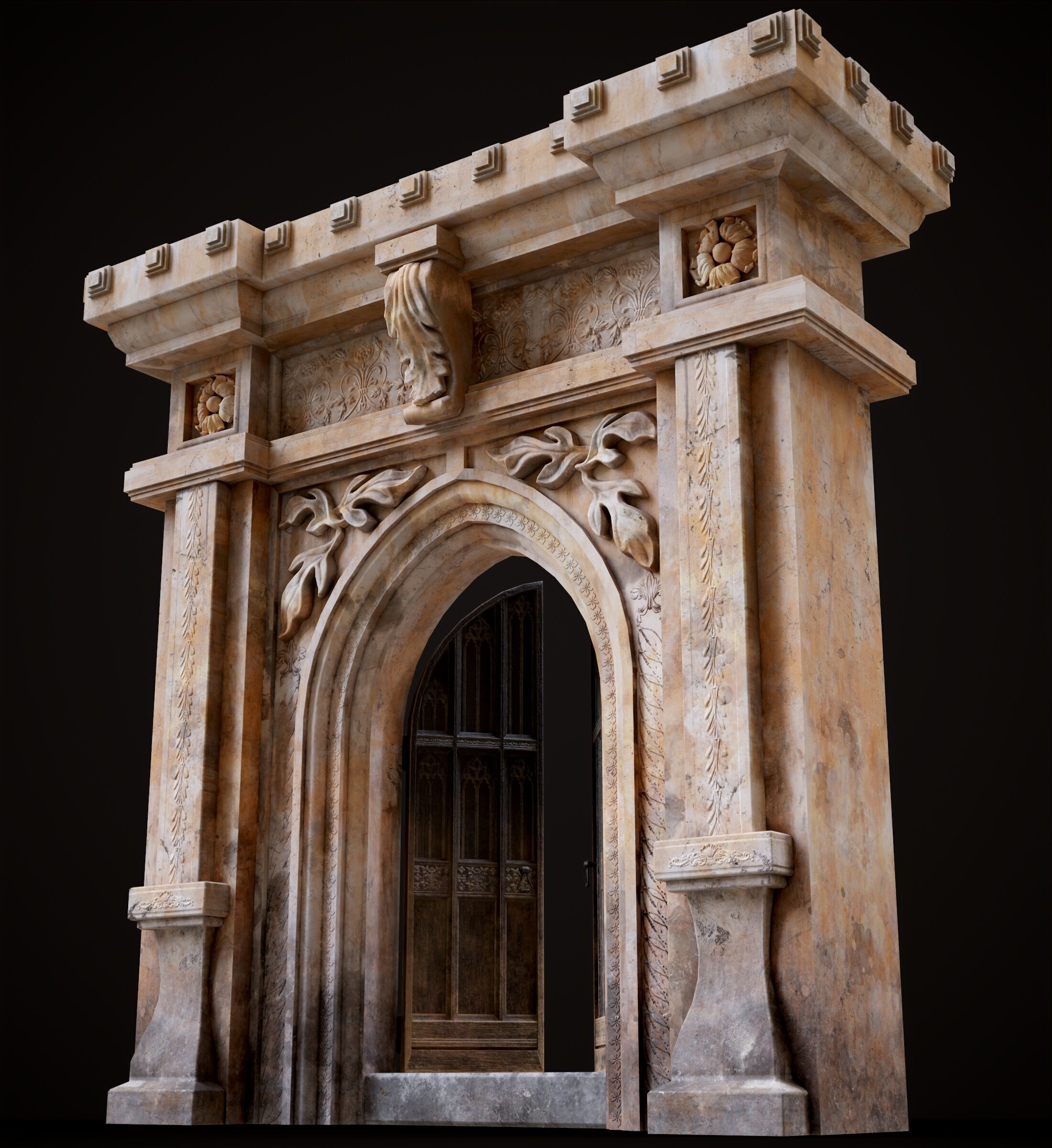 Medieval Wood Door with Stone Arch - Rigged and animated Low-poly 3D model_27