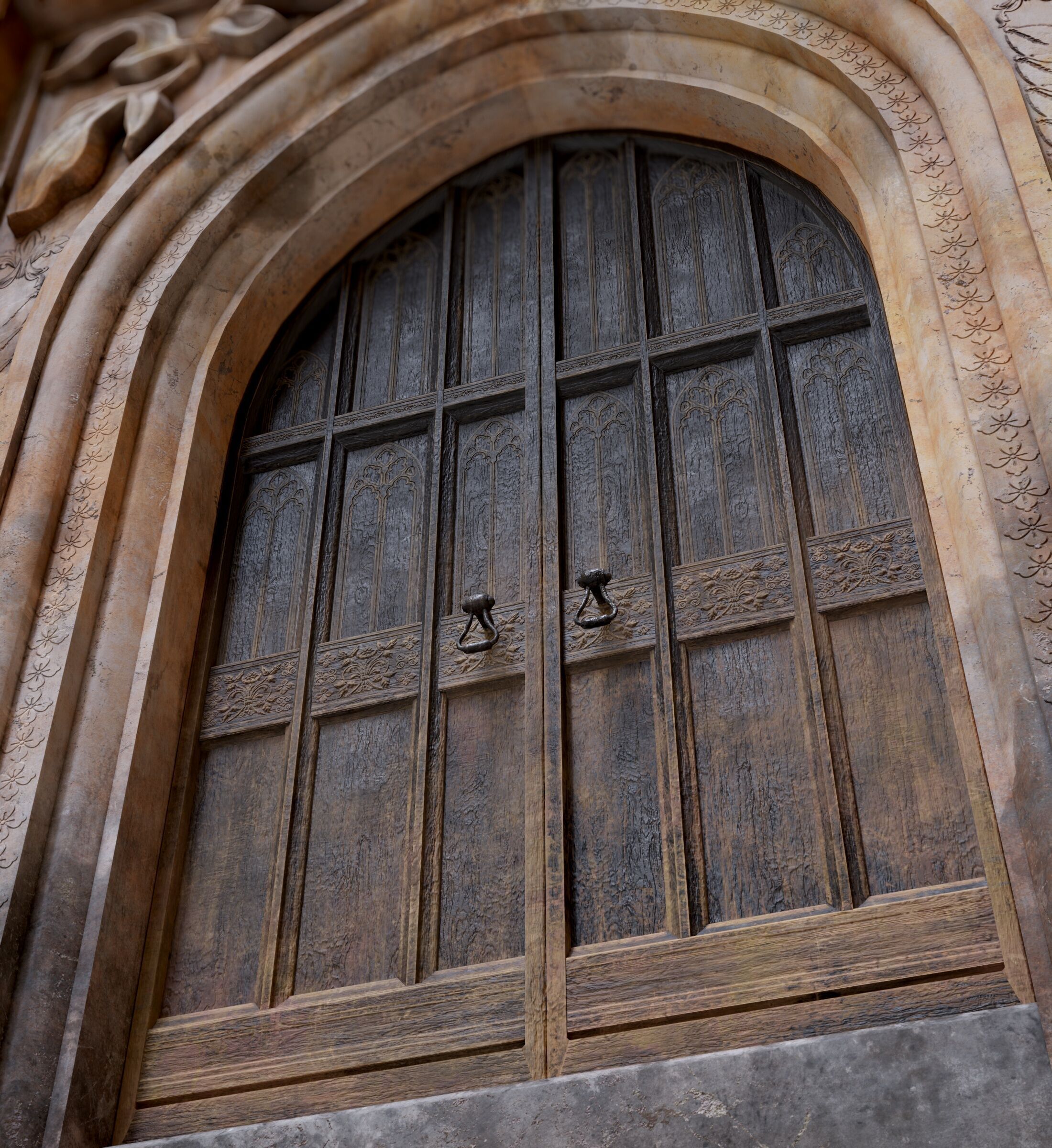 Medieval Wood Door with Stone Arch - Rigged and animated Low-poly 3D model_6