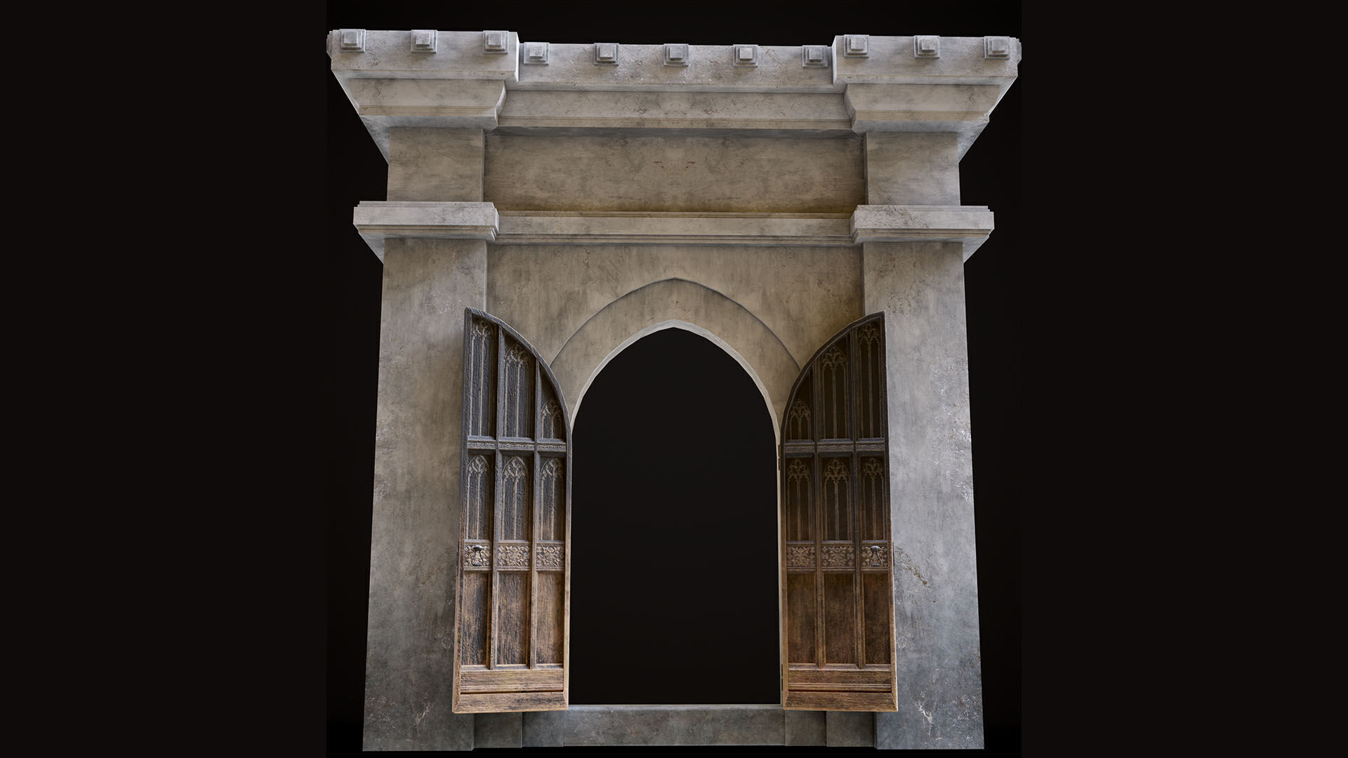 Medieval Wood Door with Stone Arch - Rigged and animated Low-poly 3D model_48