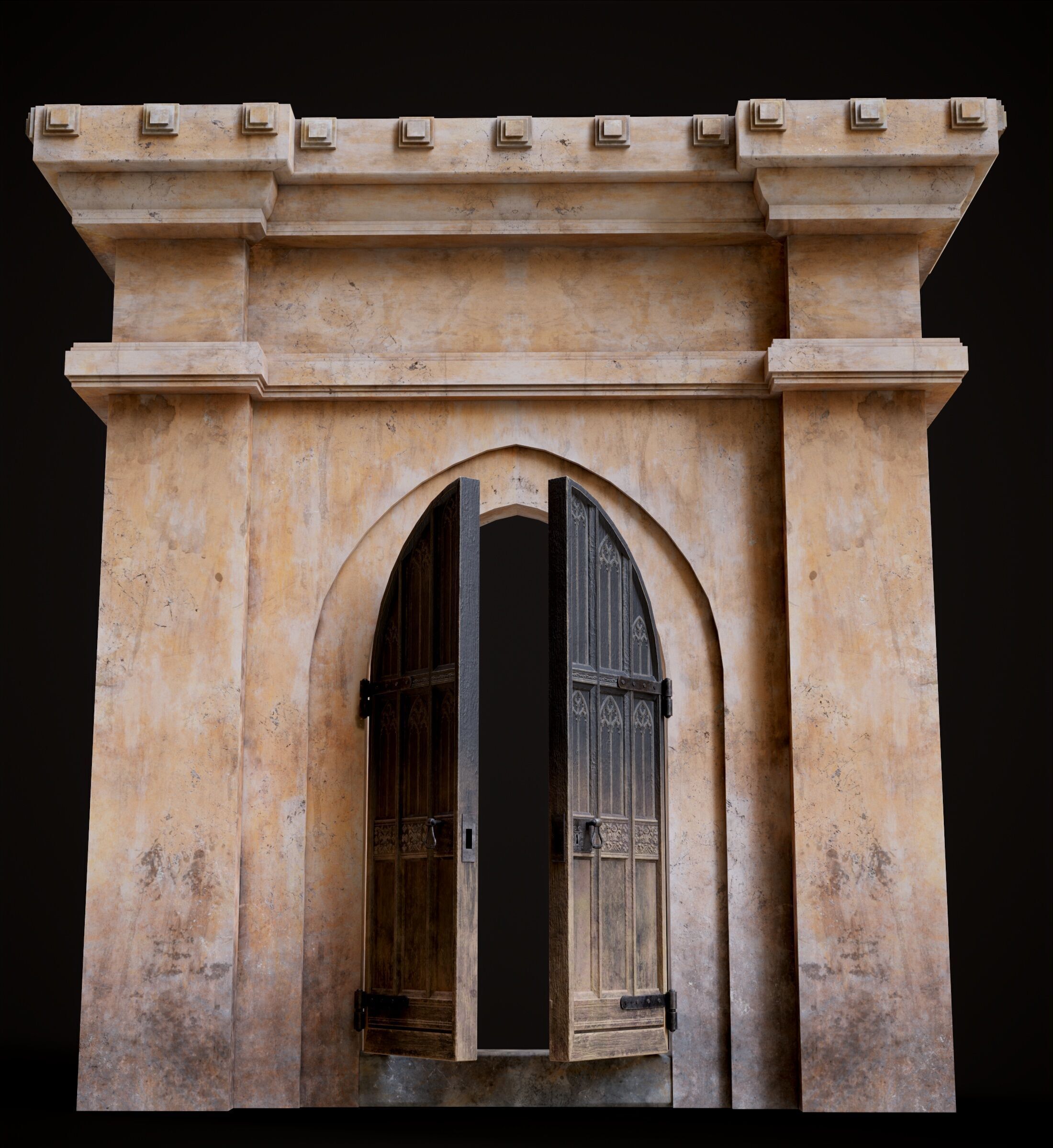 Medieval Wood Door with Stone Arch - Rigged and animated Low-poly 3D model_29