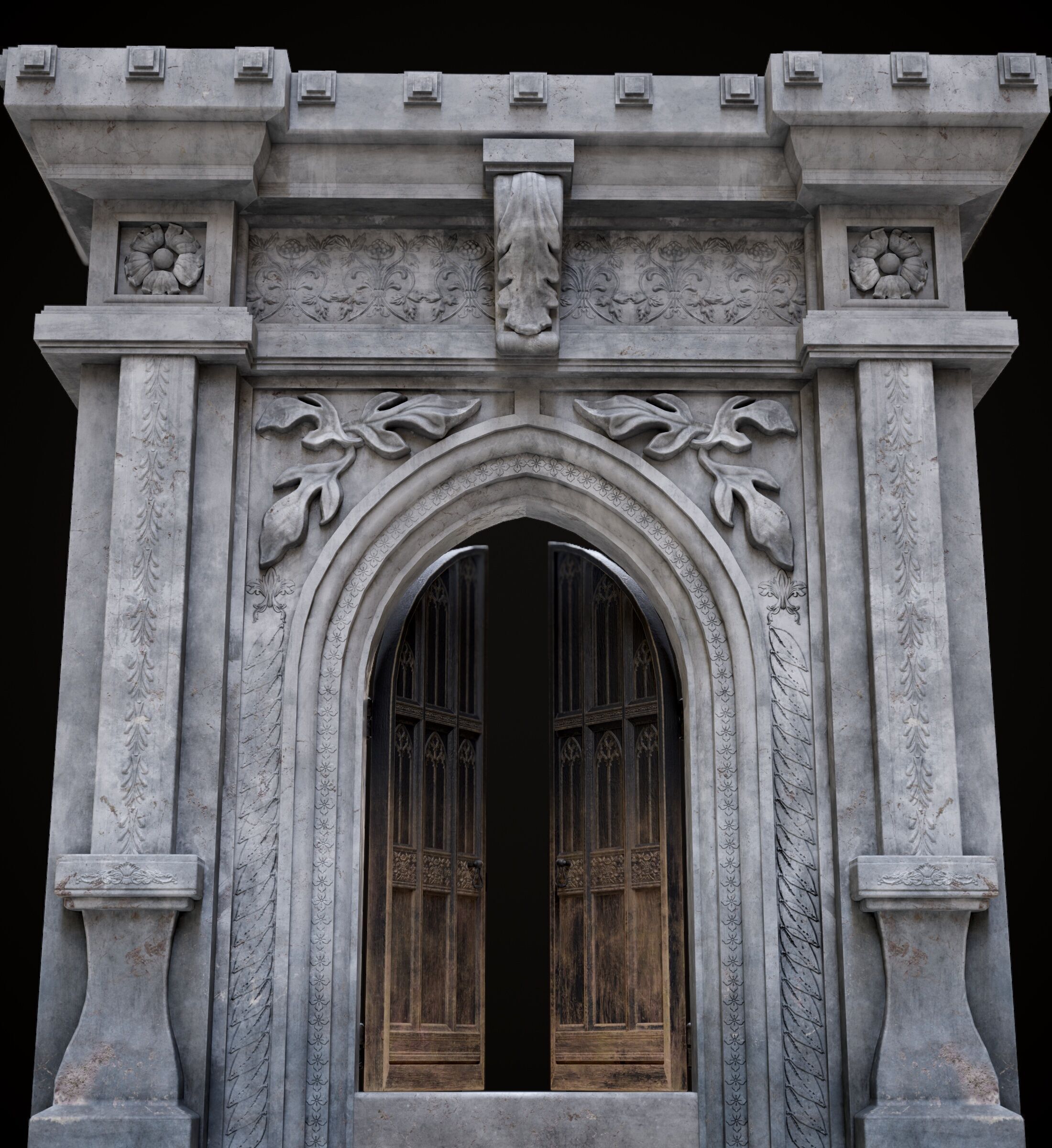 Medieval Wood Door with Stone Arch - Rigged and animated Low-poly 3D model_28