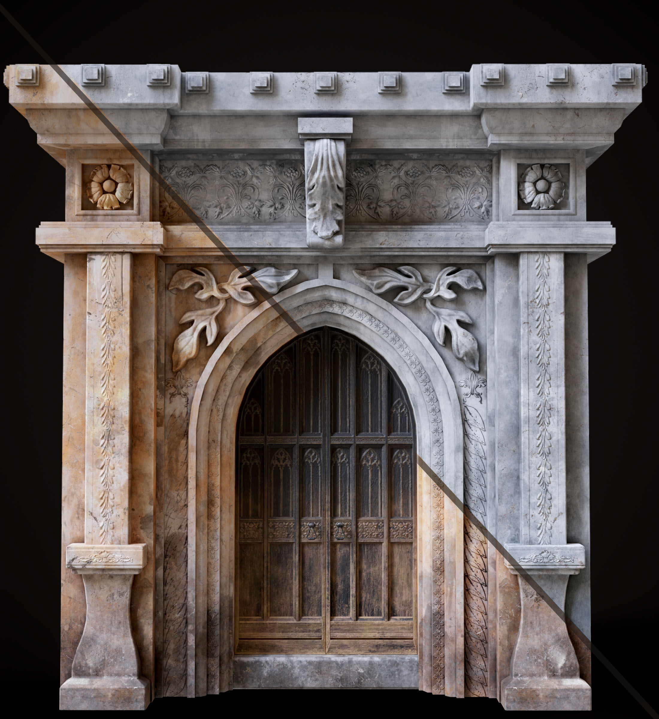 Medieval Wood Door with Stone Arch - Rigged and animated Low-poly 3D model_1