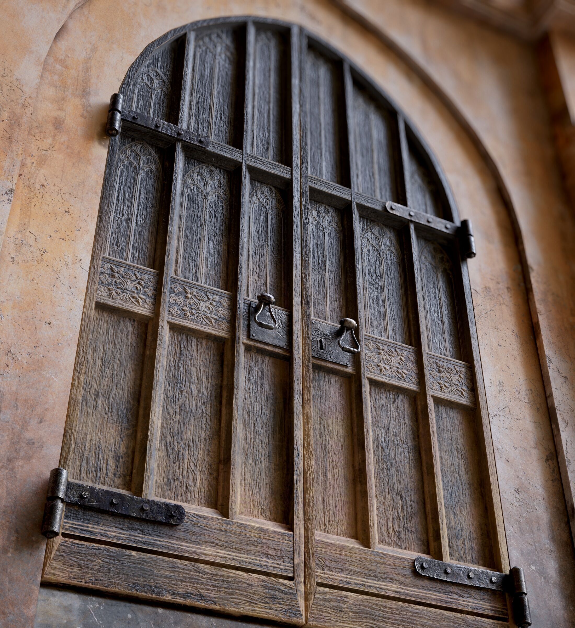 Medieval Wood Door with Stone Arch - Rigged and animated Low-poly 3D model_33