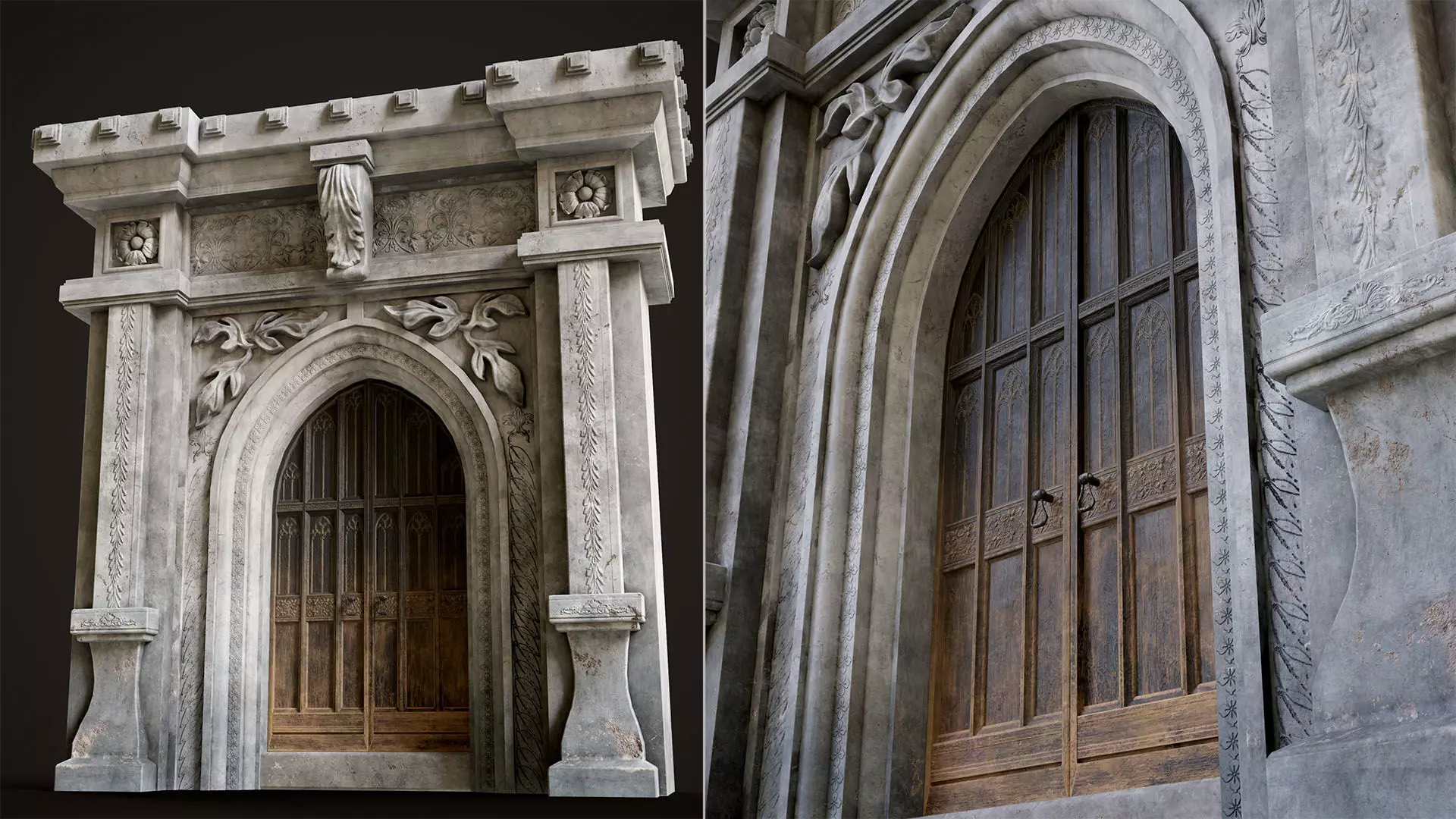 Medieval Wood Door with Stone Arch - Rigged and animated Low-poly 3D model_0