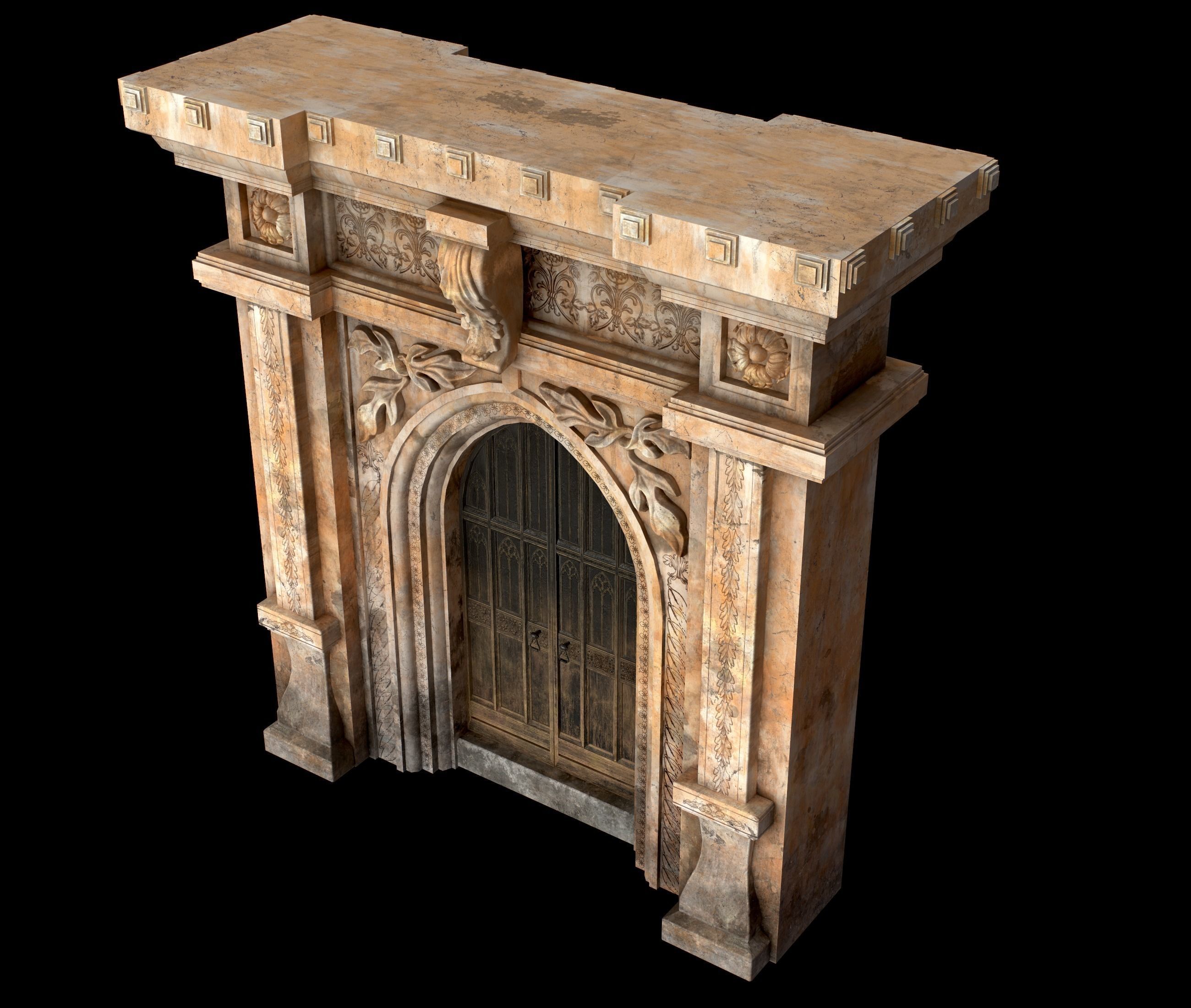 Medieval Wood Door with Stone Arch - Rigged and animated Low-poly 3D model_43