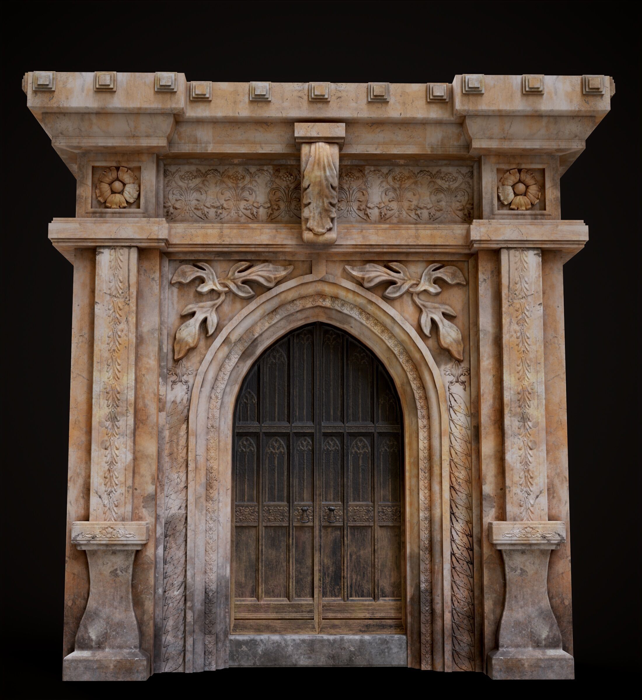Medieval Wood Door with Stone Arch - Rigged and animated Low-poly 3D model_47